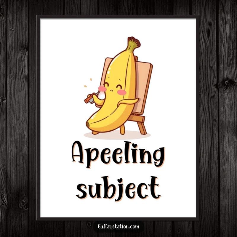 Funny banana poster showing a blushing banana painting its self-portrait using its peel, a vibrant and humorous piece.