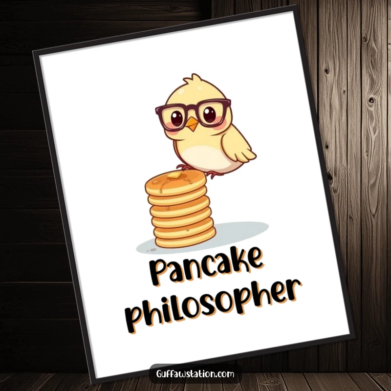 Funny bird wearing glasses attempting to balance a tall stack of pancakes, depicted as humorous wall art.