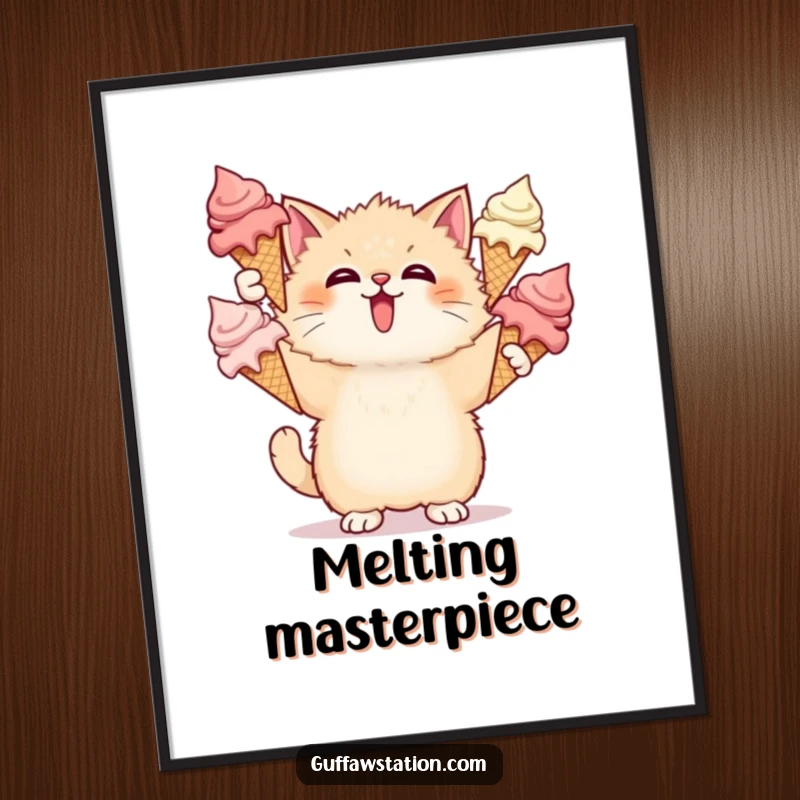Funny Cat Ice Cream Poster shows a surprised cat triumphantly juggling melting ice cream cones, adding humorous sweetness.