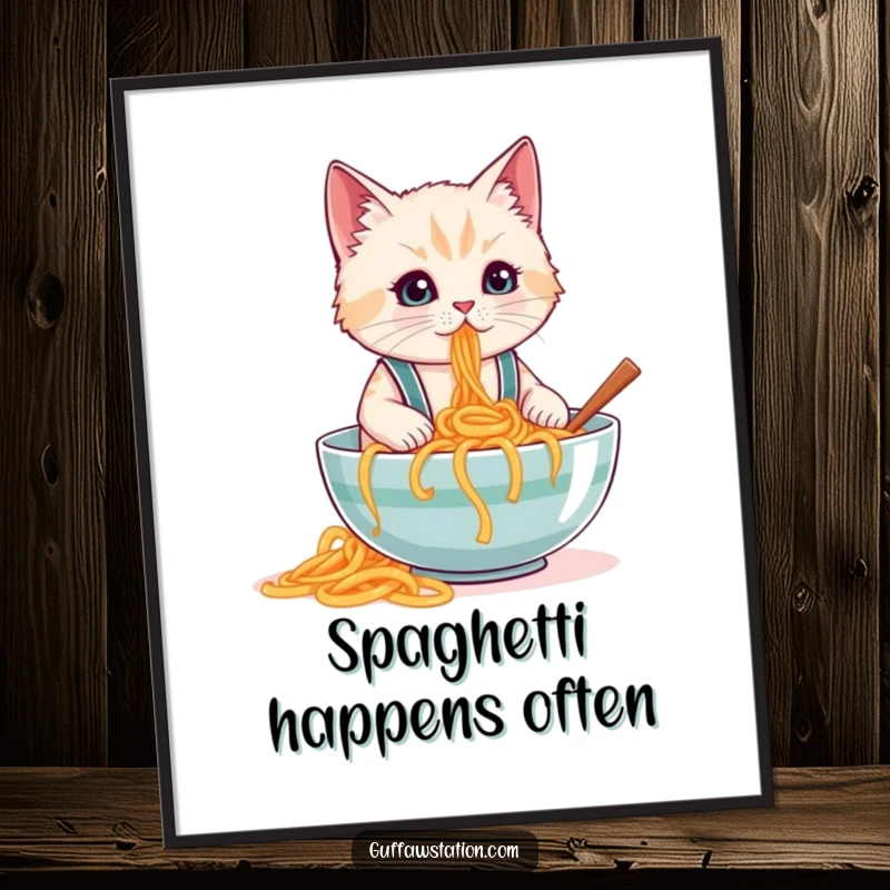 Funny poster print of a cat in small suspenders spilling a huge bowl of spaghetti, ideal for humorous kitchen decor.