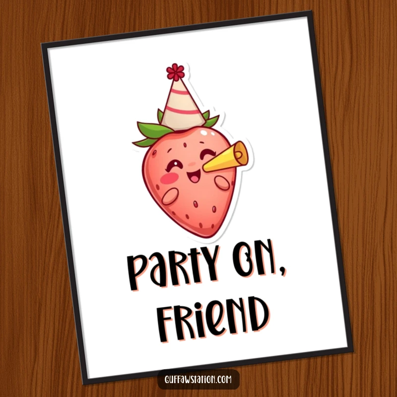Funny cheerful strawberry wearing a party hat and blowing a party horn, displayed as joyful wall art poster.