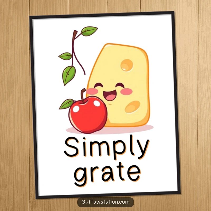 Funny poster showcasing a smiling cheese slice with wide eyes, reaching for a falling apple in a dynamic and humorous illustration.