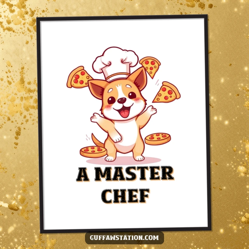 Funny dog wearing a chef hat attempting to juggle three pizzas in mid-air, displayed as humorous wall art.