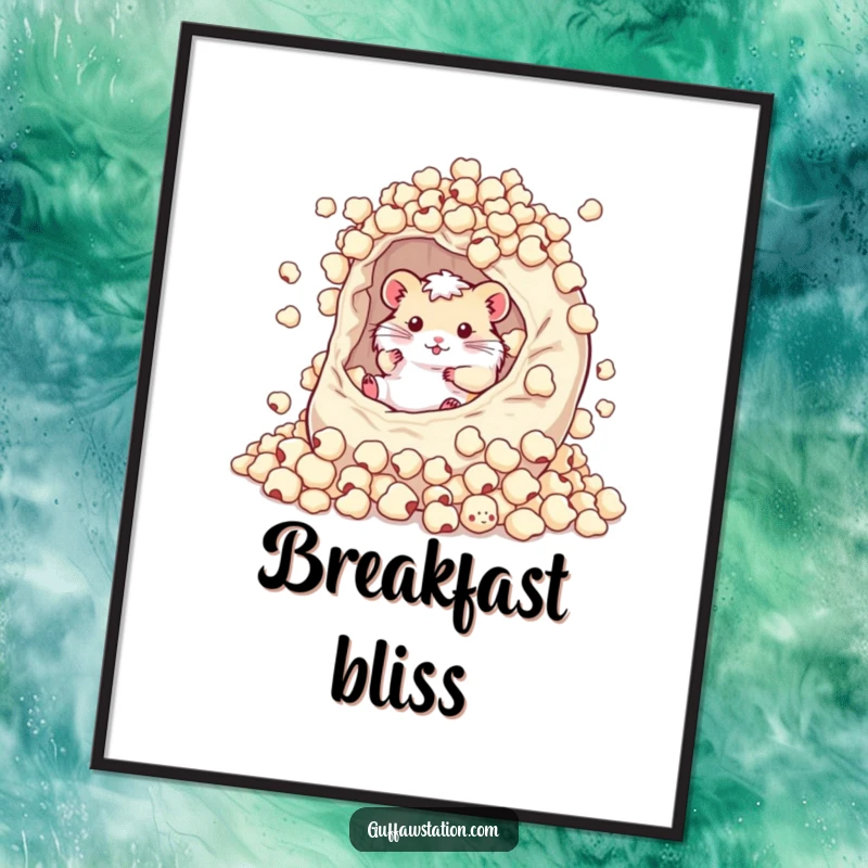 Funny hamster surrounded by a mountain of cereal in a giant bowl, presented as a vibrant and humorous poster.