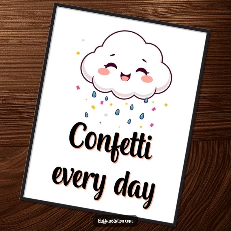 Funny happy cloud with a wide smile raining confetti, cheerful and humorous wall art.