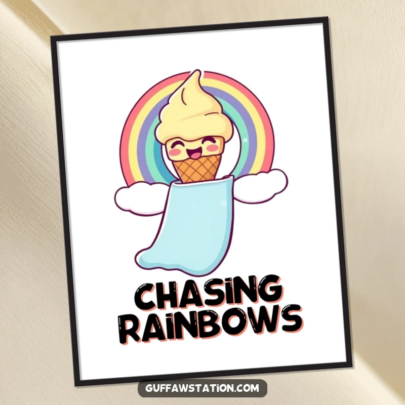 Funny ice cream poster showing a giggling cone sliding down a rainbow chute, a whimsical and cheerful wall art.