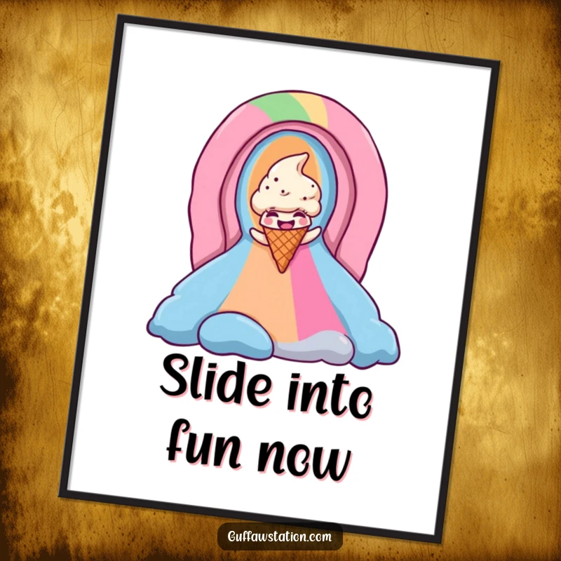 Funny ice cream cone poster capturing a giggling cone's thrilling ride down a psychedelic rainbow, a piece of sweet art.