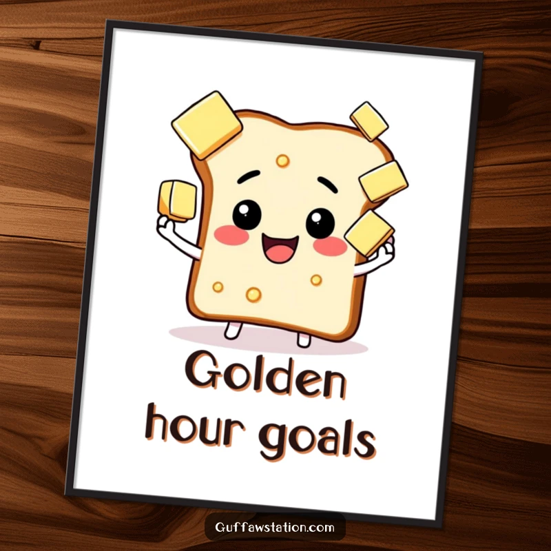 Funny happy toast juggling butter poster, a vibrant and comical illustration for kitchen decor.