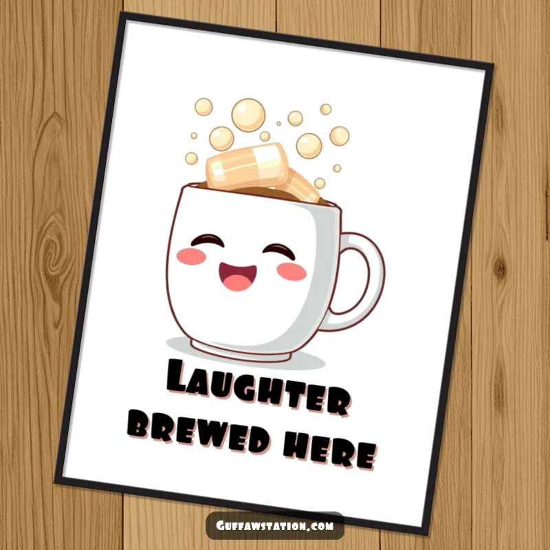 Funny poster art of a happy coffee cup overflowing with steaming, bubbly laughter, adding joyful decor.
