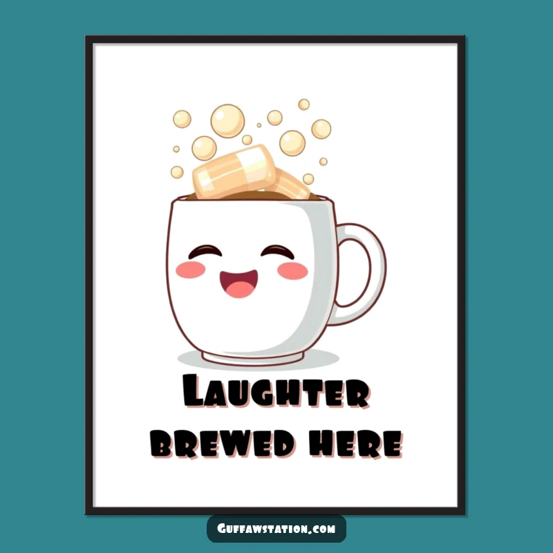 Funny Laughter Decor Poster: Overflowing Coffee Cup Art, Whimsical Funny Gift for Walls