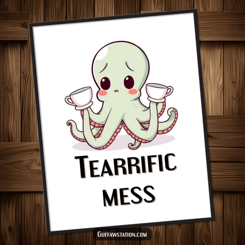 Funny, surprised octopus wearing teacups on tentacles, creating a delightful and funny poster.