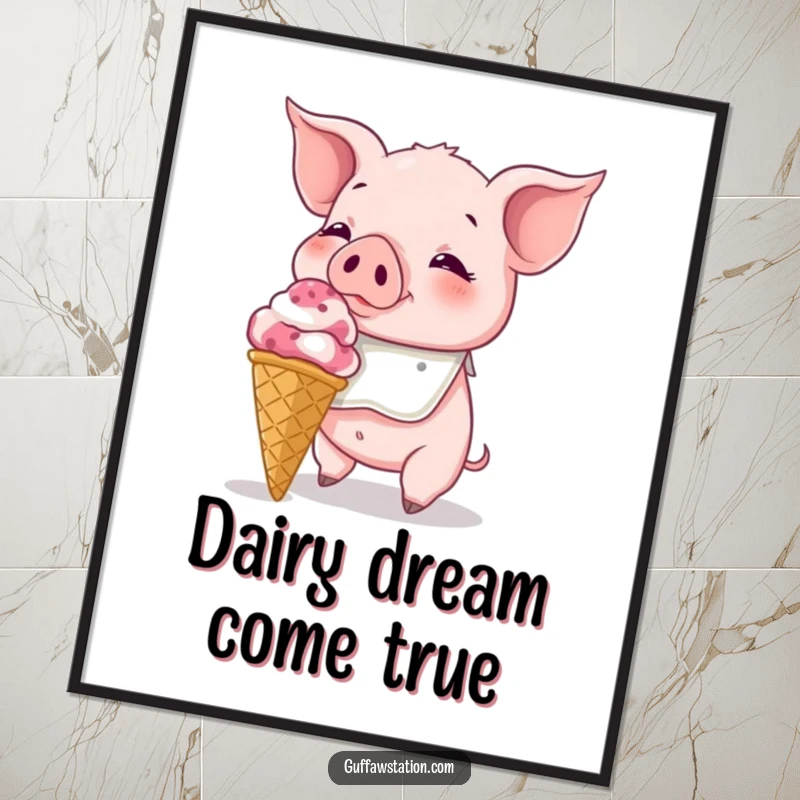 Funny Piglet Poster: A bib-wearing piglet joyfully faced with an enormous ice cream cone, symbolizing funny indulgence.