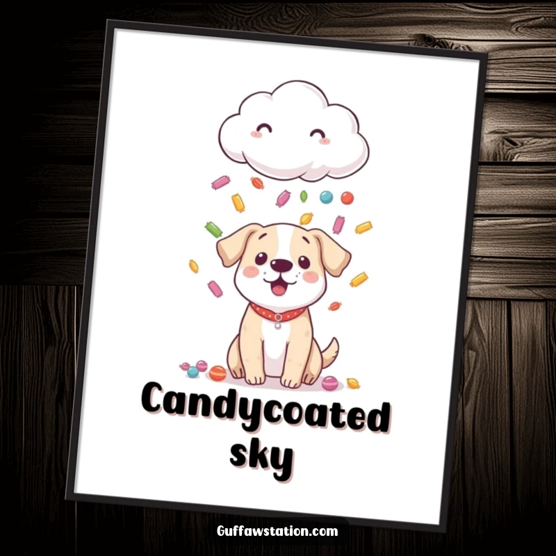 Funny poster depicting a shy cloud raining colorful candy down upon a small, surprised dog looking up with joy.