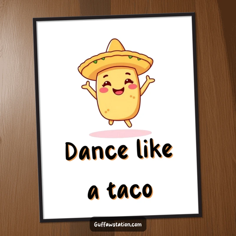 Funny poster illustrating a cheerful taco wearing a sombrero, joyfully doing a celebratory dance, adding vibrant fiesta flair to any room.