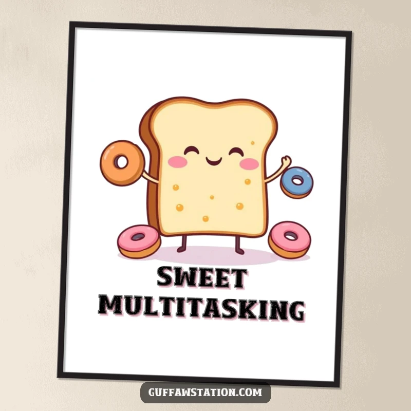 Funny poster showcasing a cheerful slice of toast happily juggling small donuts, bringing breakfast cheer.