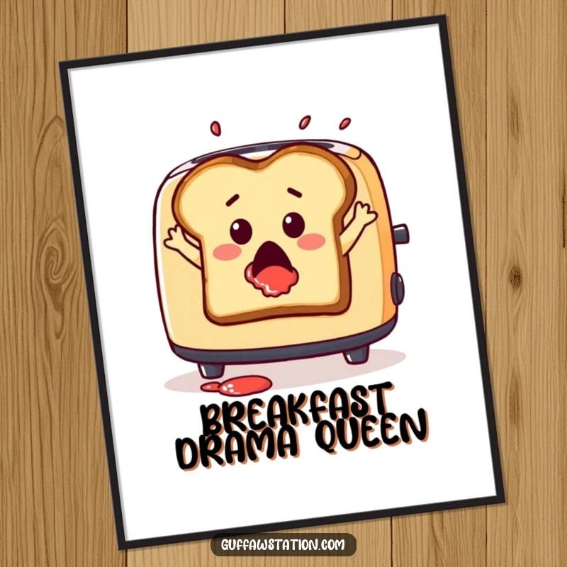 Funny poster art of a surprised slice of toast leaping from a toaster with jam splatter, dramatic breakfast humor.