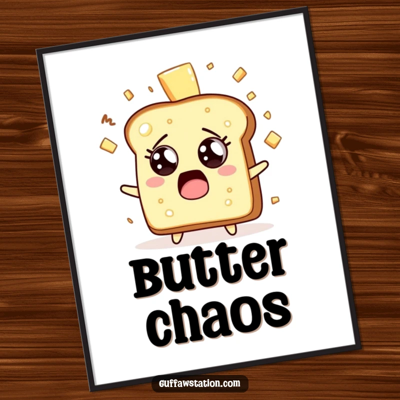 Funny surprised toast character with butter flying everywhere, wide-eyed, displayed as a humorous art print.