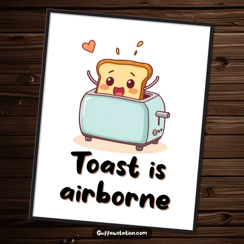 Funny poster illustrating a shocked piece of toast popping dramatically out of a toaster and flying through the air, surreal kitchen art.