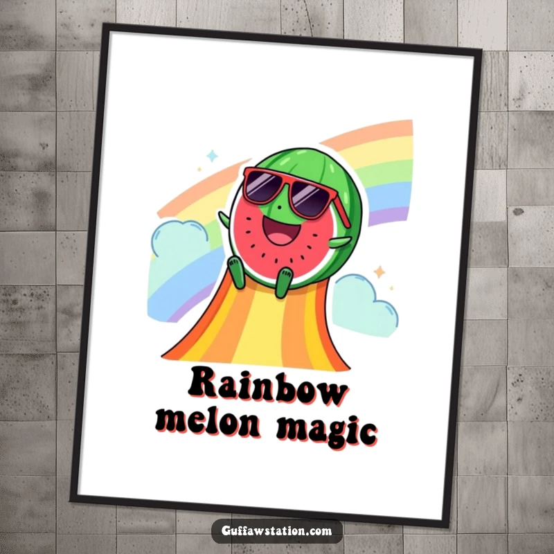 Funny poster of a happy watermelon in sunglasses sliding down a vibrant rainbow slide, radiating cool summer energy and fruity fun.