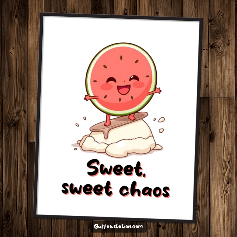 Funny poster featuring a giggling watermelon slice character surfing an ice cream scoop, creating a vibrant and humorous wall art piece.