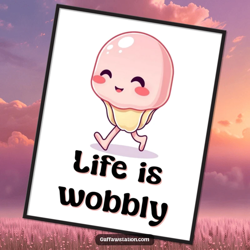 Funny poster art of a wobbly jelly character attempting to walk with a hilariously uncontrolled wiggle and unstable movement.