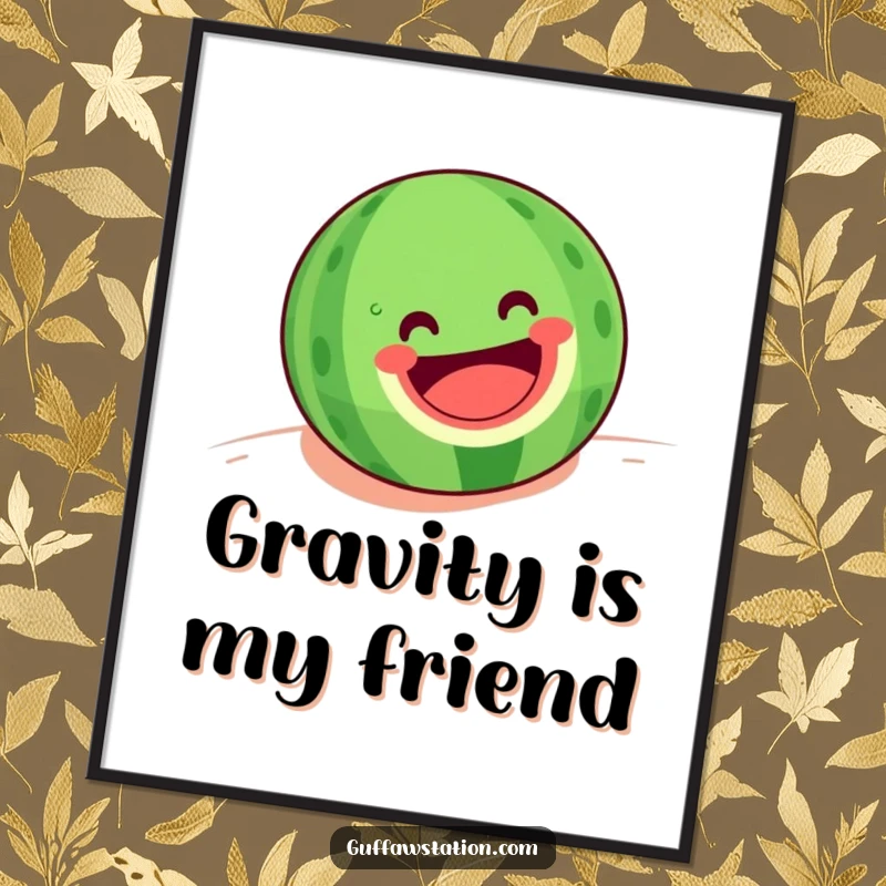 Funny poster illustrating a happy watermelon with a wide grin rolling downhill, perfect for cheerful and vibrant wall decor.