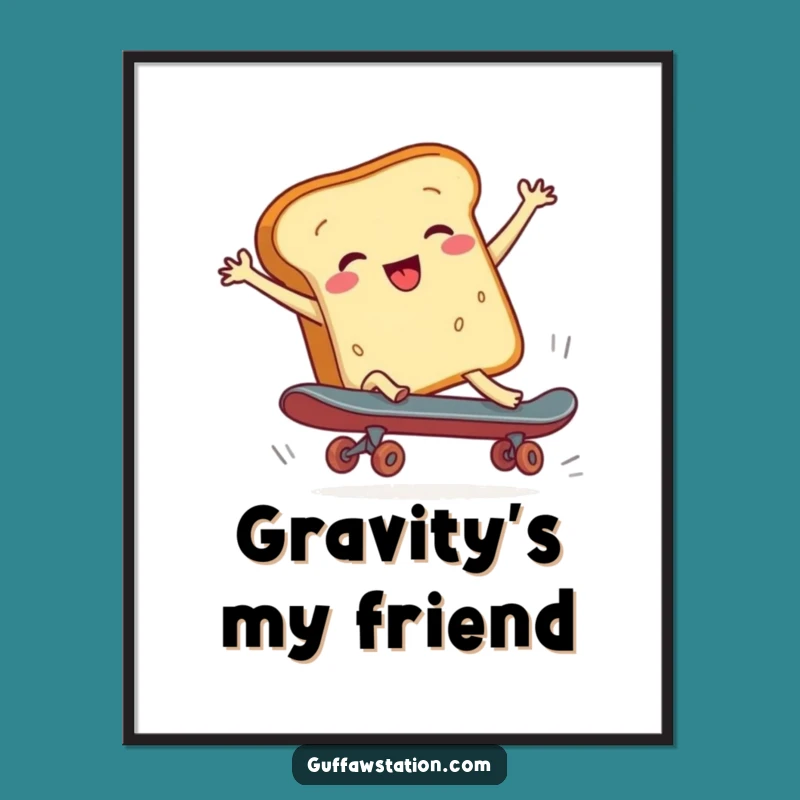 Funny Bread Skateboard Mishap Poster, Vibrant Cartoon Art, Witty Funny Gift Decor