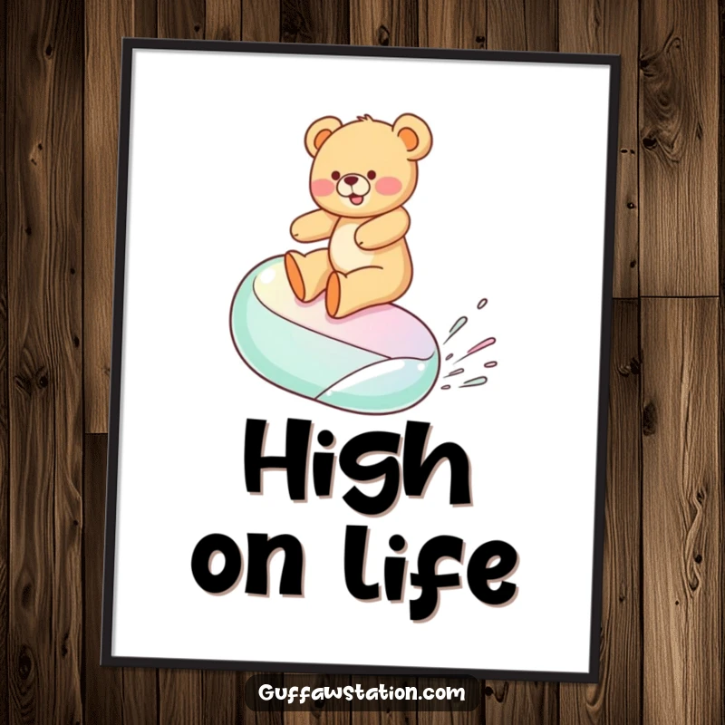 Funny poster capturing a teddy bear ecstatically surfing a giant, wobbly jelly bean, bringing a dose of sweet, cartoonish delight.