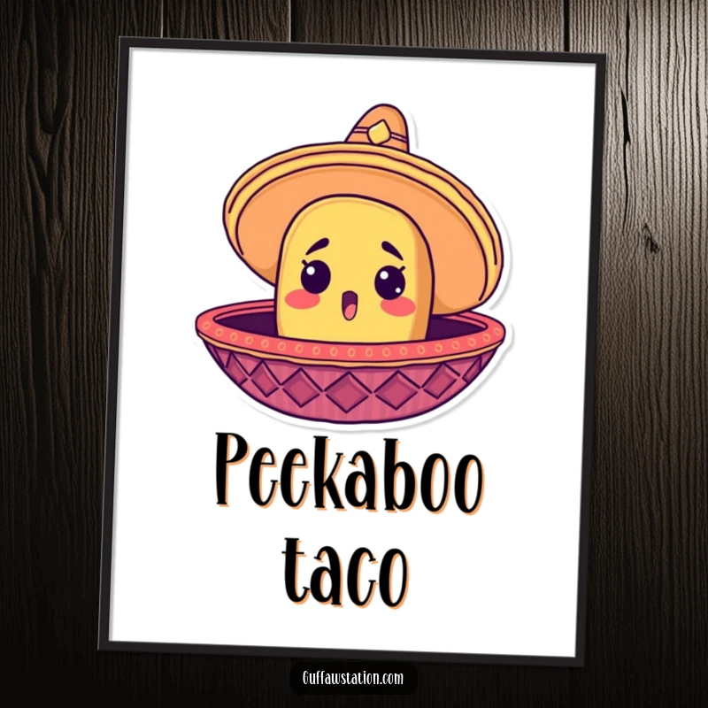 Funny poster showcasing a surprised taco head peeking out from a large sombrero, embodying festive fun.