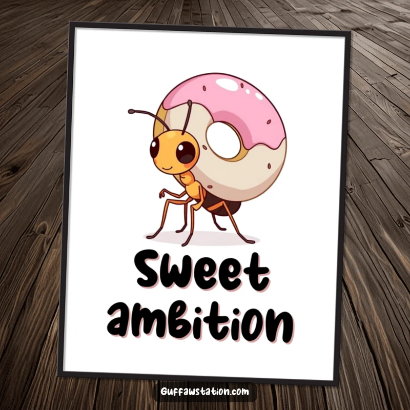 Funny poster illustration of a small ant with immense determination carrying a donut that is much larger than itself, symbolizing strength.
