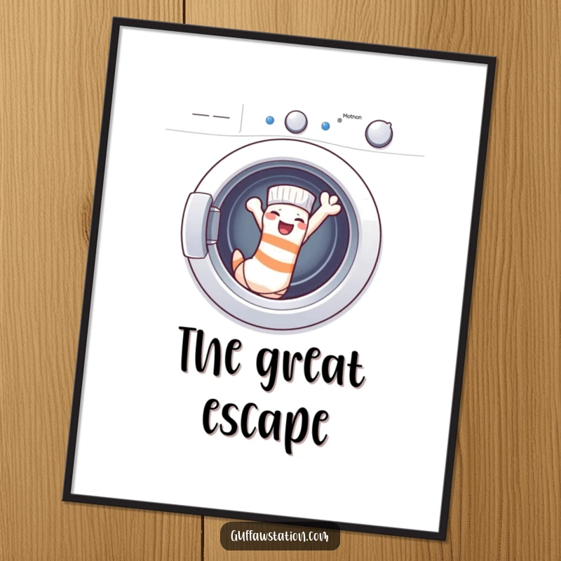 Funny Posters: A cheeky sock waves triumphantly, having escaped the washing machine, bringing a burst of hilarious laundry-themed art to any space.