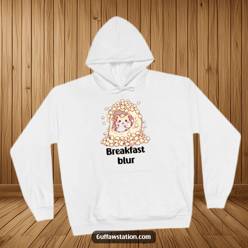 Funny hamster enjoying a giant overflowing bowl of cereal, depicted on a warm and humorous hoodie.