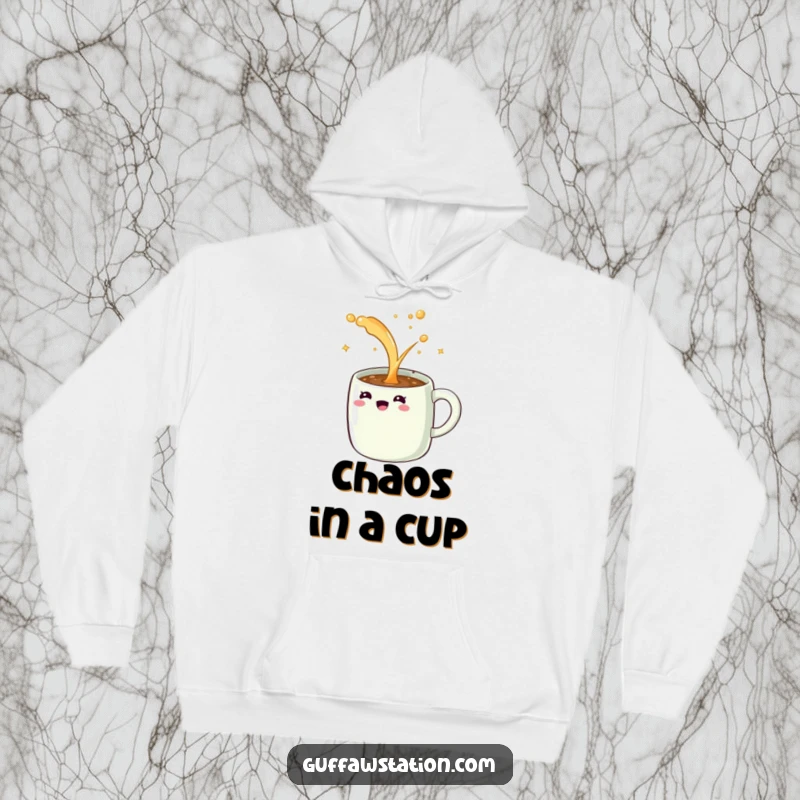 Funny hoodie depicting a giggling coffee mug spilling a never-ending stream of sparkling liquid, offering warmth and humor.