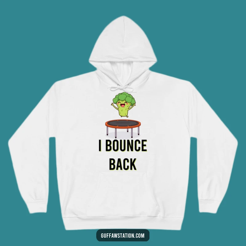 Cozy Funny Broccoli Hoodie: Giggling Veggie Trampoline Jump, Ultimate Funny Gift for Active People