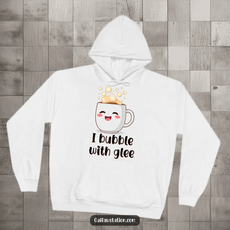 Funny hoodie featuring a happy coffee cup overflowing with steaming, bubbly laughter, perfect for cozy and cheerful vibes.