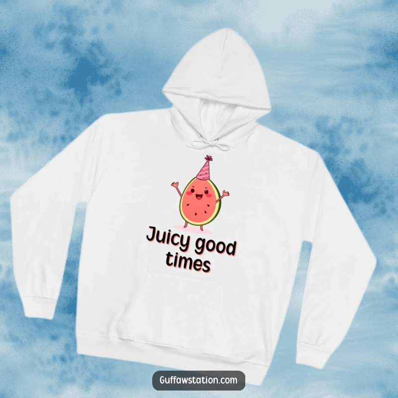 Funny watermelon hoodie depicts a happy dancing slice wearing a party hat, ready for festive occasions.