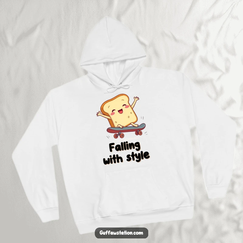 Funny hoodie illustration of a bread character failing at skateboarding, capturing a moment of hilarious cartoon chaos.