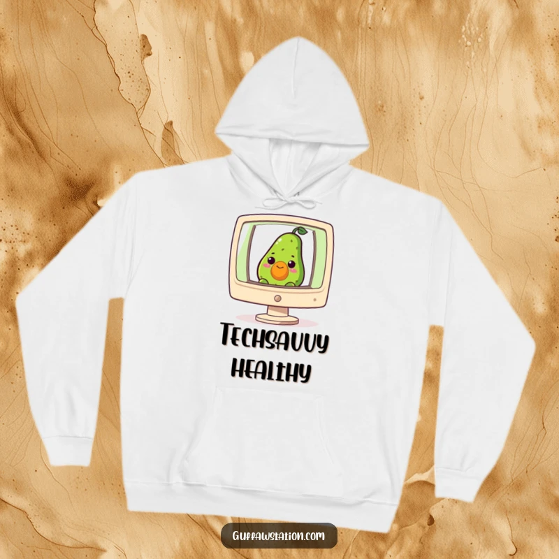 Funny hoodie featuring a curious avocado peeking from a giant computer screen, cozy and packed with tech humor.