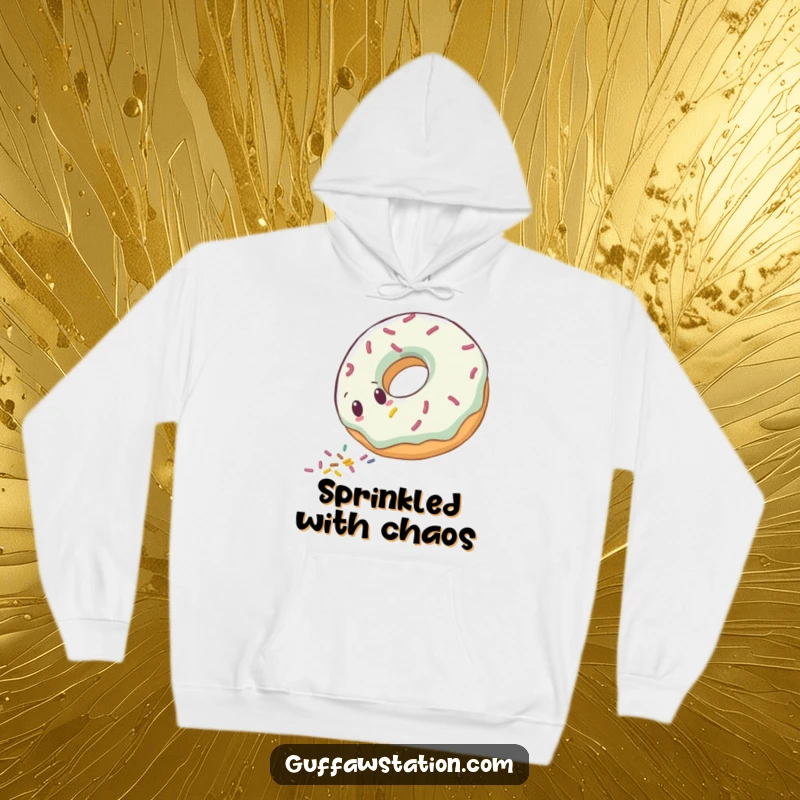Funny clumsy donut character rolling downhill, leaving a trail of sprinkles, on a warm hoodie.