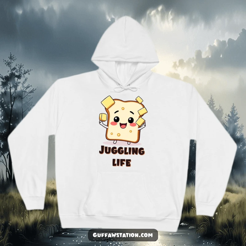 Funny happy toast hoodie, concentrating on juggling butter, perfect for cozy breakfast vibes.
