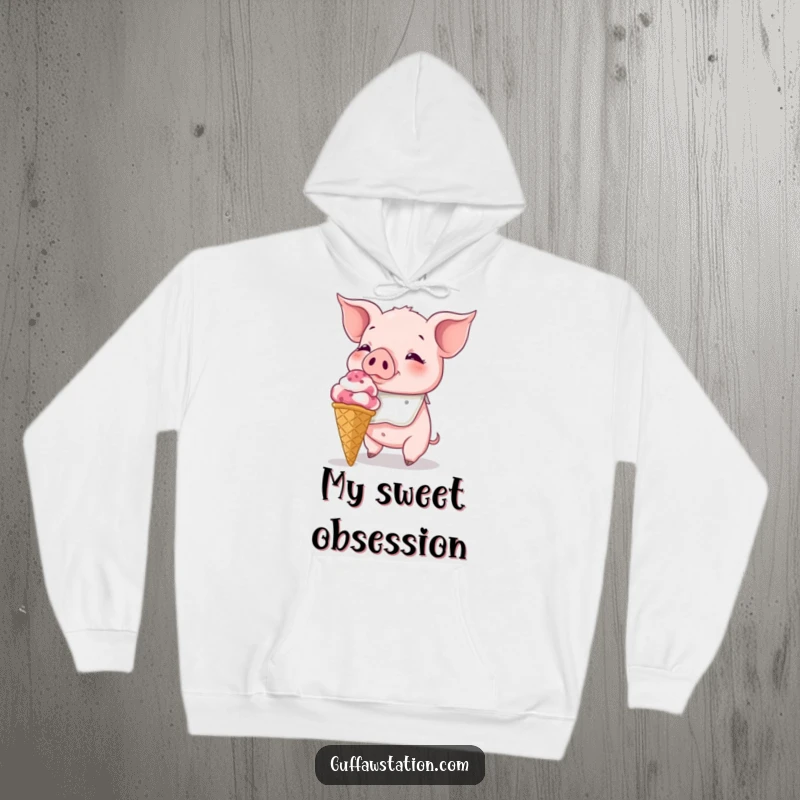 Funny Piglet Hoodie: A bibbed piglet tackling a huge ice cream cone, offering cozy comfort and funny sweetness.