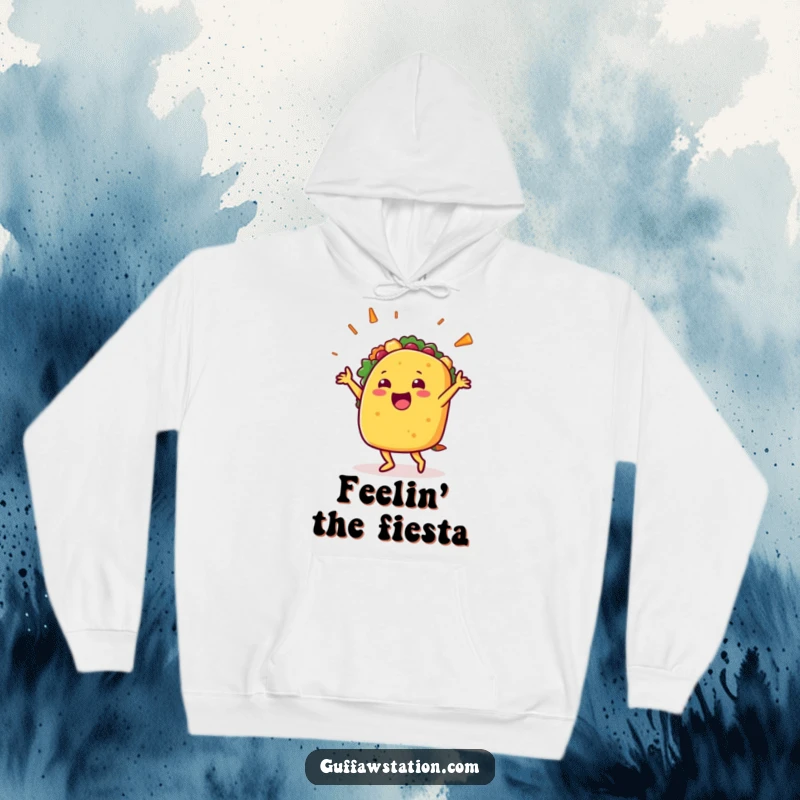 Funny hoodie featuring a happy taco character doing a celebratory dance with filling flying, perfect for cozy, festive, and humorous occasions.