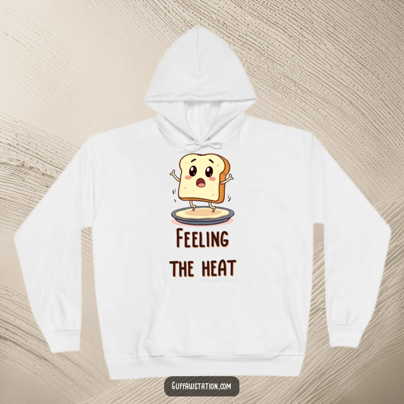 Funny hoodie featuring a surprised toast character with legs hopping onto a buttered pan, perfect for warmth and smiles.