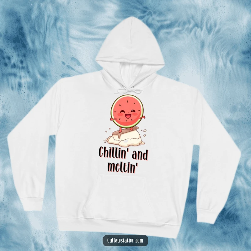 Funny hoodie with a giggling watermelon slice character absurdly surfing on a melting ice cream, perfect for cozy, humorous wear.