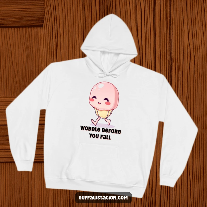 Funny hoodie depicting a wobbly jelly character attempting to walk with a hilariously uncontrolled wiggle, a great funny gift.