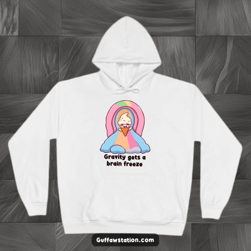 Funny ice cream cone hoodie depicting a joyful cone speeding down a bright rainbow, embodying sweet, hilarious motion.