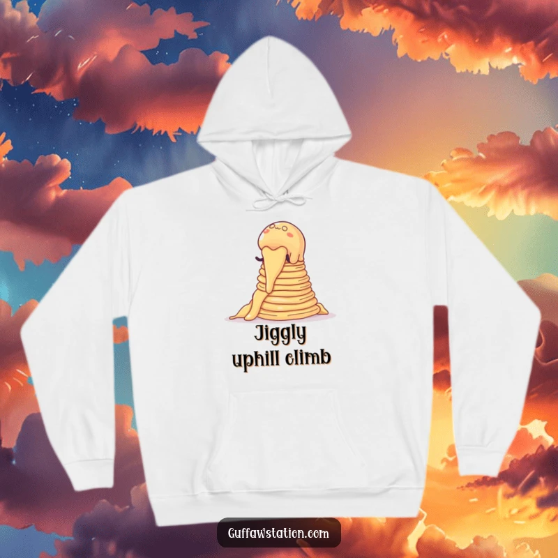 Funny hoodie design of a wobbly jelly blob scaling a pancake mountain, a humorous cartoon for cozy wear.