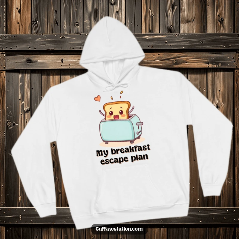 Funny hoodie depicting a startled piece of toast popping out of a toaster and flying uncontrollably through the air, a breakfast adventure.