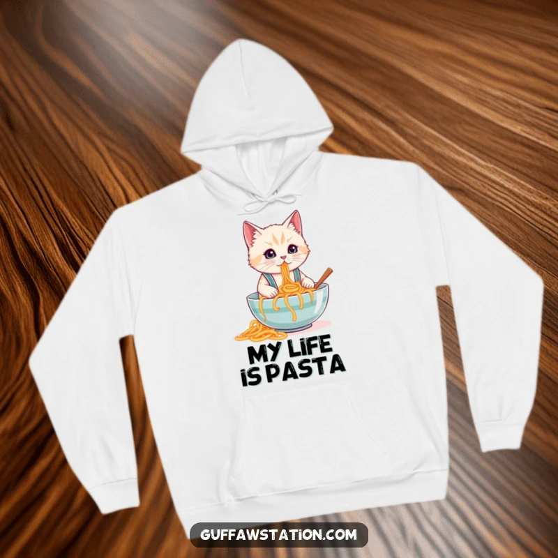 Funny hoodie with a cat in tiny suspenders spilling a large bowl of spaghetti, ideal for cozy, humorous, and relatable wear.
