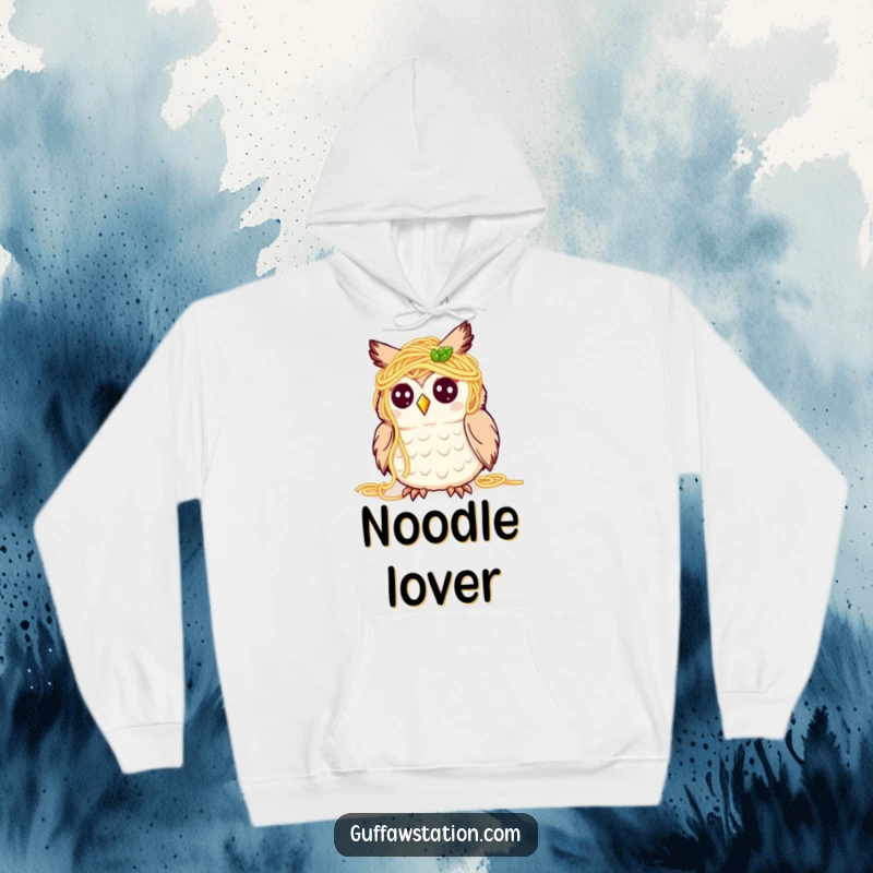 Funny hoodie depicting a cute owl covered in spaghetti, looking bewildered but happy, combining warmth with a humorous culinary theme.